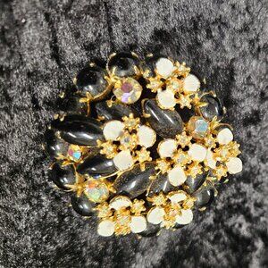 Vintage Black and Crystal Rhinestone Floral theme brooch